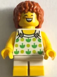 LEGO Child - Girl, White Halter Top with Green Apples and Lime Spots, White Short Legs with Yellow Feet, Dark Orange Hair minifigure