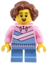 LEGO Child - Girl, Bright Pink Hoodie with Medium Blue and White Diagonal Stripes, Medium Blue Short Legs, Reddish Brown Wavy Hair minifigure