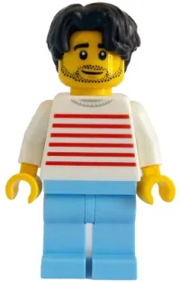 LEGO Modern House Resident - Male, White Sweater with Red Horizontal Stripes, Bright Light Blue Legs, Dark Brown Hair Wavy minifigure