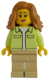 LEGO Modern House Resident - Female, Yellowish Green Jacket over White Shirt, Tan Legs, Medium Nougat Hair Wavy minifigure