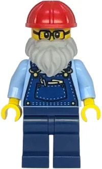 LEGO Shopping Street Plumber - Male, Bright Light Blue Shirt, Dark Blue Overalls and Legs, Red Construction Helmet minifigure