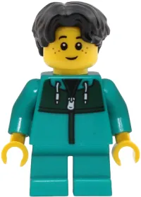 LEGO Child - Boy, Dark Turquoise Jacket with Dark Green Panel, Dark Turquoise Short Legs, Black Hair Wavy minifigure