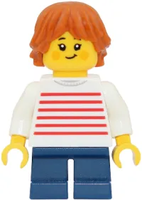 LEGO Child - Girl, White Sweater with Red Horizontal Stripes, Dark Blue Short Legs, Dark Orange Tousled and Layered Hair minifigure