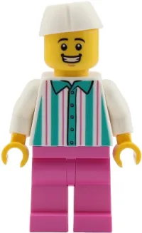 LEGO Food Vendor - Male, White Shirt with Dark Turquoise Stripes, Dark Pink Legs, White Butcher / Food Service Cap minifigure