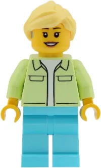 LEGO Ferris Wheel Operator - Female, Yellowish Green Jacket over White Shirt, Medium Azure Legs, Bright Light Yellow Hair Ponytail, Hearing Aid minifigure