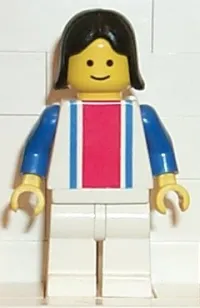 LEGO Vertical Lines Red & Blue - Blue Arms - White Legs, Black Female Hair minifigure