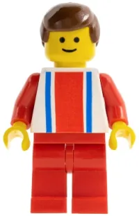 LEGO Vertical Lines Red & Blue - Red Arms - Red Legs, Brown Male Hair minifigure