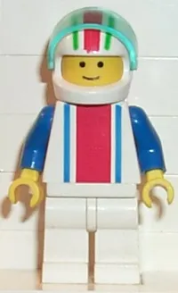 LEGO Vertical Lines Red & Blue - Blue Arms - White Legs, White Red/Green Striped Helmet, Trans-Light Blue Visor minifigure