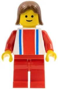 LEGO Vertical Lines Red & Blue - Red Arms - Red Legs, Brown Female Hair minifigure