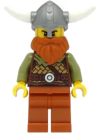 LEGO Viking Warrior - Male, Medium Nougat Leather Armor, Dark Orange Beard and Legs, Flat Silver Helmet minifigure