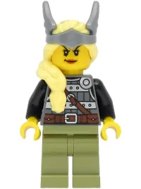 LEGO Viking Warrior - Female, Dark Bluish Gray and Silver Armor, Olive Green Legs, Bright Light Yellow Hair with Diadem minifigure