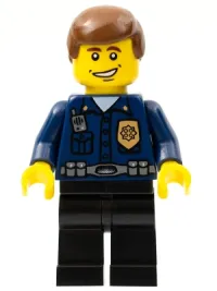 LEGO Police - World City Patrolman, Dark Blue Shirt with Badge and Radio, Black Legs, Brown Male Hair, Smile minifigure