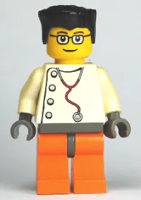 LEGO Doctor - Stethoscope with 4 Side Buttons, Orange Legs, Black Flat Top Hair, Glasses minifigure