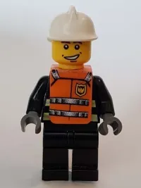 LEGO Reflective Stripes, Black Legs, White Fire Helmet, Smile, Orange Vest with Straps and Fire Logo and 'FIRE' Pattern (Stickers) minifigure