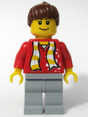 LEGO Soccer Fan Red - Sand Blue Legs, Striped Scarf and Dots Pattern Torso Sticker minifigure