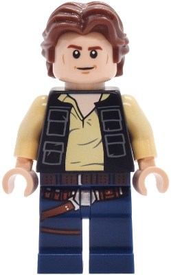 LEGO Han Solo - Black Vest with Pockets over Tan Shirt with Dark Bluish Gray Creases, Dark Blue Legs with Belts minifigure