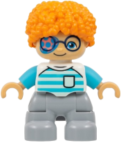 LEGO Duplo Figure Lego Ville, Child Boy, Light Bluish Gray Legs, White Shirt with Light Aqua and Medium Azure Stripes, Dark Blue Glasses, Coral and Dark Azure Eye Patch, Orange Hair (6533350) set