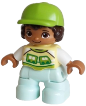 LEGO Duplo Figure Lego Ville, Child Boy, Light Aqua Legs, Bright Light Yellow Shirt with Train Pattern, Dark Brown Hair, Lime Cap (6488925) set