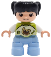 LEGO Duplo Figure Lego Ville, Child Girl, Bright Light Blue Legs, Lime Top with Pug Dog Pattern, Black Hair with Pigtails (6527696) set