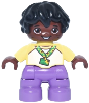 LEGO Duplo Figure Lego Ville, Child Boy, Medium Lavender Legs, Bright Light Yellow and White Top Baseball T-Shirt, Sunflower ID Badge on Lanyard Pattern, Black Hair (6544013) set