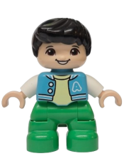 LEGO Duplo Figure Lego Ville, Child Boy, Bright Green Legs, Medium Azure Jacket with Capital Letter A and Buttons, Black Hair (6590637) set