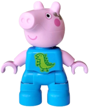 LEGO Duplo Figure Lego Ville, George Pig - Dark Azure Outfit with Green Dinosaur Outline on Lime Background, Silver Earpiece Pattern (6601057) set