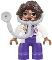 LEGO Duplo Figure Lego Ville, Female Medic, Dark Purple Legs, White Top with ID Badge, White Arms, Dark Brown Hair, Attached Stethoscope, Vitiligo (6533434 / 6548219) set