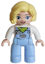 LEGO Duplo Figure Lego Ville, Female Train Driver, Bright Light Blue Legs with Overalls, Name Tag, Train Logo, Lime Scarf Pattern, Bright Light Yellow Hair (6488901 / 6569837) set