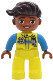 LEGO Duplo Figure Lego Ville, Male, Neon Yellow Legs, Uniform Vest with Silver and Dark Azure Stripes, Radio and EMT Star of Life Pattern, Dark Brown Hair (6527690 / 6569862) set