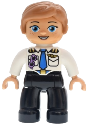 LEGO Duplo Figure Lego Ville, Female, Black Legs, White Pilot Uniform, Blue Tie, Medium Lavender Glasses, Gold Wings Badge Pattern, Medium Nougat Hair (6559786) set