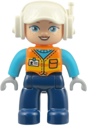 LEGO Duplo Figure Lego Ville, Female, Construction Worker, Dark Blue Legs, Orange Vest with Name Tag, Medium Azure Shirt, Light Bluish Gray Hands, White Helmet (6585429) set