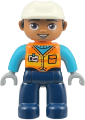 LEGO Duplo Figure Lego Ville, Male, Construction Worker, Dark Blue Legs, Orange Vest with Name Tag, Medium Azure Shirt, Light Bluish Gray Hands, White Helmet (6585846) set