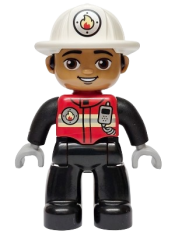 LEGO Duplo Figure Lego Ville, Male Firefighter, Black Legs, Red Vest with Silver Fire Badge and Radio, Medium Nougat Face, White Helmet with Fire Badge (6589646) set