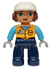 LEGO Duplo Figure Lego Ville, Female, Dark Blue Legs, Orange Vest with Name Tag Pattern, Medium Azure Shirt, Light Bluish Gray Hands, White Construction Helmet (6589830) set