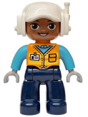 LEGO Duplo Figure Lego Ville, Male, Dark Blue Legs, Orange Vest with Name Tag Pattern, Medium Azure Arms, White Cap with Headset (6589826) set