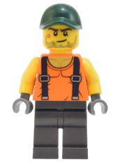 LEGO Skyline Express Man - Orange Shirt with Suspenders, Pearl Dark Gray Legs, Dark Green Cap set