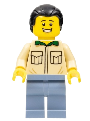 LEGO Male, Tan Shirt, Sand Blue Legs, Black Ponytail Hair set