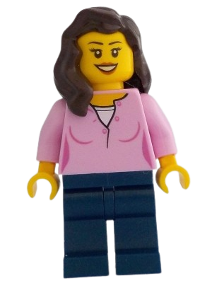 LEGO Female, Bright Pink Top, Dark Blue Legs, Dark Brown Hair set