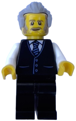 LEGO Receptionist, Male, Black Vest with Blue Striped Tie, Black Legs, Light Bluish Gray Hair set