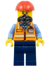 LEGO Construction Worker - Male, Orange Safety Vest with Reflective Stripes, Dark Blue Legs, Red Construction Helmet, Black Bandana set