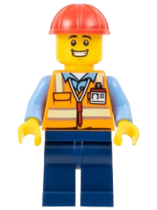 LEGO Construction Worker - Male, Orange Safety Vest with Reflective Stripes, Dark Blue Legs, Red Construction Helmet, Large Grin set