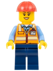 LEGO Construction Worker - Female, Orange Safety Vest with Reflective Stripes, Dark Blue Legs, Red Construction Helmet (Crane Operator) set