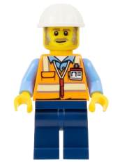 LEGO Construction Foreman - Male, Orange Safety Vest with Reflective Stripes, Dark Blue Legs, White Construction Helmet set