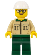 LEGO Construction Engineer / Architect - Female, Tan Shirt, Dark Green Legs, White Construction Helmet set