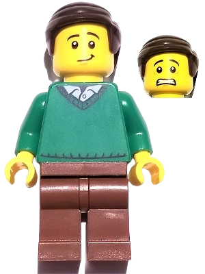 LEGO Father - Green V-Neck Sweater, Reddish Brown Legs, Dark Brown Combed Hair set