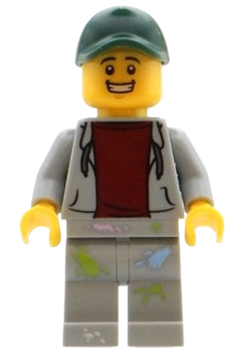 LEGO Mechanic - Male, Light Bluish Gray Hoodie, Light Bluish Gray Legs with Paint Splotches, Dark Green Cap set