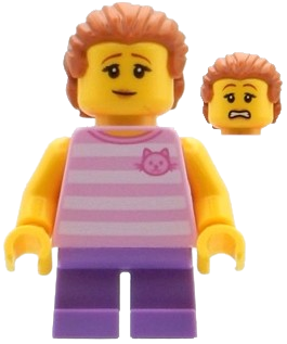LEGO Child - Girl, Bright Pink Striped Shirt with Cat Head, Medium Lavender Short Legs, Dark Orange Swept Back Hair with Ponytail set