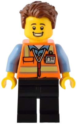 LEGO Train Driver - Male, Orange Safety Vest with Reflective Stripes, Black Legs, Reddish Brown Hair set
