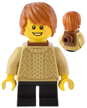 LEGO Traveler - Boy, Tan Knit Sweater, Black Short Legs, Reddish Brown Neck Bracket and Round Plate, Dark Orange Hair set