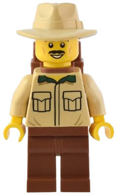 LEGO Traveler - Male, Tan Shirt, Reddish Brown Legs, Reddish Brown Backpack, Tan Fedora Hat set